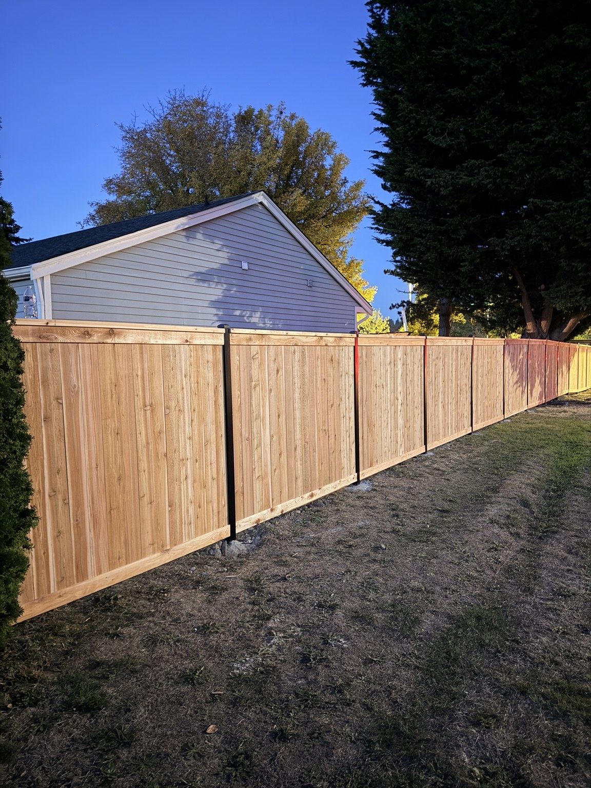 Moments Construction cedar privacy fence installed on black metal posts beside a backyard